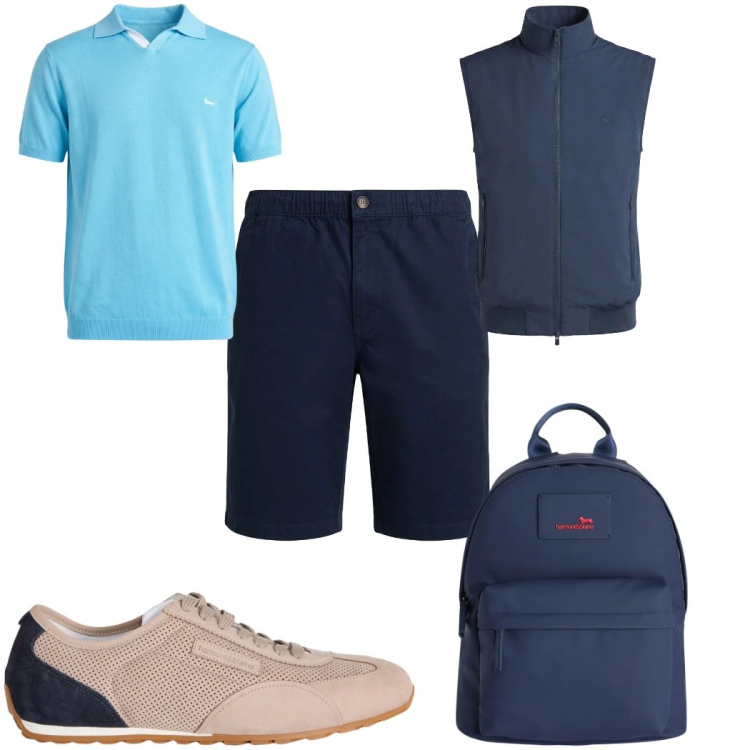 Outfit uomo - Sorbetto Preppy - Harmont & Blaine polo. Stile Trendy per Tutti i giorni. Abbinamento con sneakers, borse sportive, polo, gilet, bermuda.
