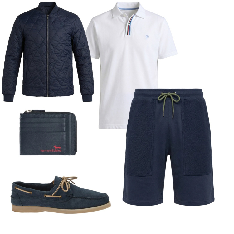 Outfit uomo - Tutti in mare. per Mare. Abbinamento con portamonete, giacche, scarpe stringate, pantaloni corti, polo.
