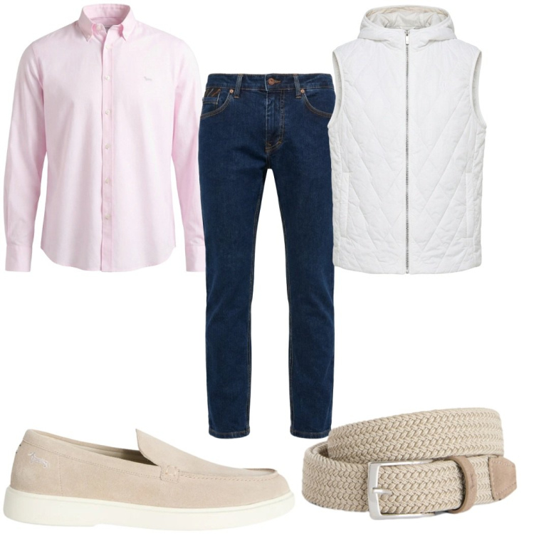 Outfit uomo - Sorbetto Preppy - colori chiari. Stile Casual per Tutti i giorni. Abbinamento con cinture, scarpe stringate, pantaloni, camicie, piumini.