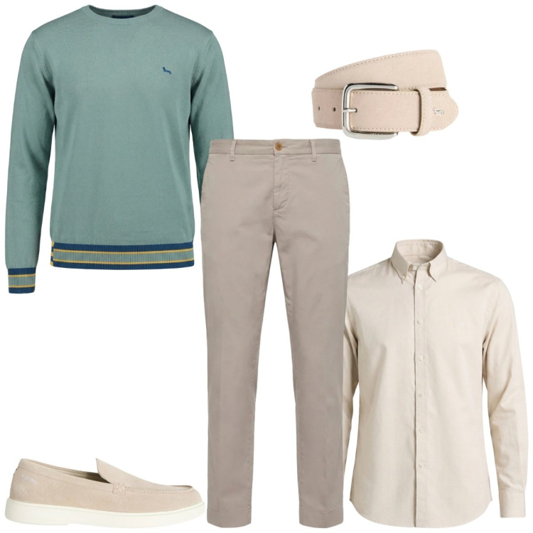 Outfit uomo - Total look #2381504. Stile Casual per Ufficio. Abbinamento con cinture, scarpe stringate, camicie, pantaloni chino, pullovers.