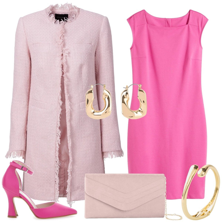 Outfit donna - Pranzo in città. Stile Chic per Tutti i giorni. Abbinamento con vestiti a tubino, pochette, braccialetti, blazer, orecchini, décolleté.