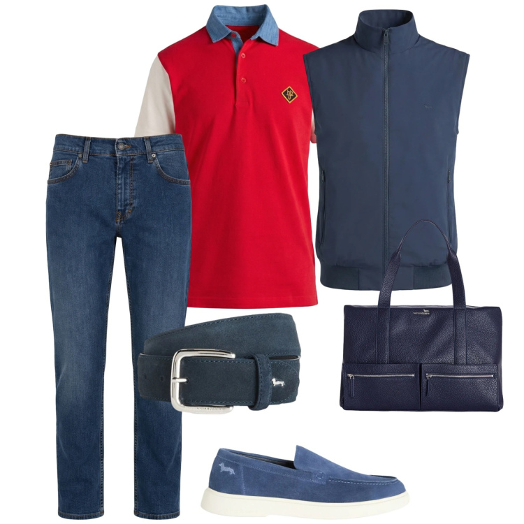 Outfit uomo - Si parte. per Mare. Abbinamento con jeans, cinture, borse sportive, gilet, polo, sneakers.