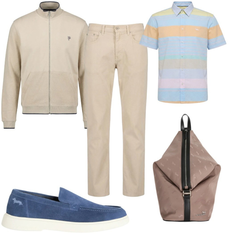 Outfit uomo - Sorbetto Preppy - la camicia colorata. Stile Trendy per Tutti i giorni. Abbinamento con borse sportive, camicie a manica corta, pantaloni, felpe, sneakers.