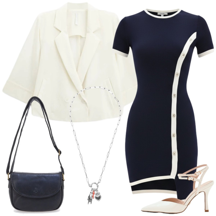 Outfit donna - Jersey chic. Stile Chic per Tutti i giorni. Abbinamento con blazer, décolleté, vestiti asimmetrici, ciondoli, borse a tracolla.