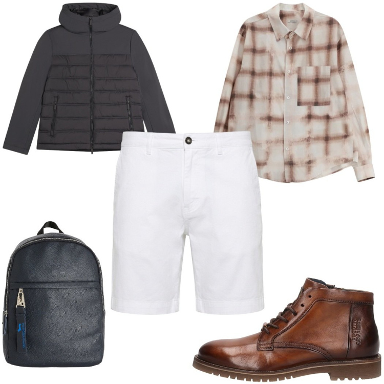 Outfit uomo - Total look #2381513. Stile Trendy per Tutti i giorni. Abbinamento con camicie, borse sportive, bermuda, piumini, stivali e stivaletti.