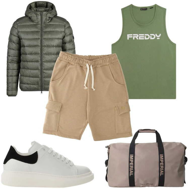 Outfit uomo - Total look #2381515. Stile Trendy per Sport. Abbinamento con sneakers, borse sportive, canottiere, giacche, pantaloni corti.