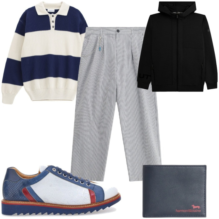 Outfit uomo - Total look #2381518. Stile Casual per Tutti i giorni. Abbinamento con pantaloni, maglieria, portafogli, felpe con cappuccio, scarpe stringate.