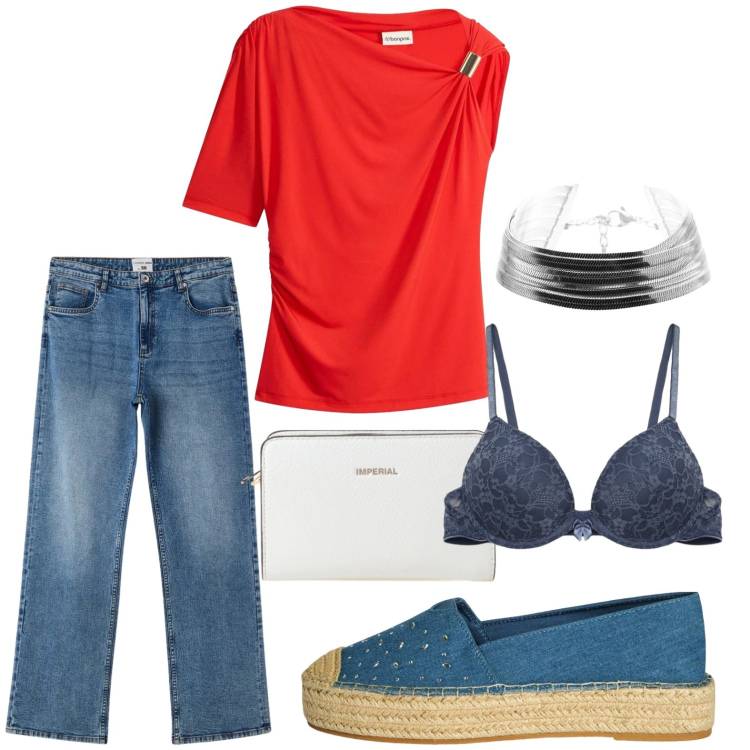 Outfit donna - Linee irregolari. Stile Minimal per Tutti i giorni. Abbinamento con t-shirt, jeans dritti, reggiseni push-up, espadrillas, borse a tracolla, braccialetti.