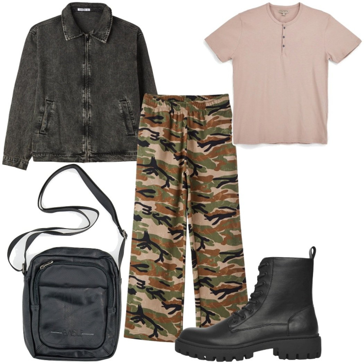 Outfit uomo - Total look #2381523. Stile Trendy per Tutti i giorni. Abbinamento con anfibi, pantaloni, cappotti, borse sportive, t-shirt.