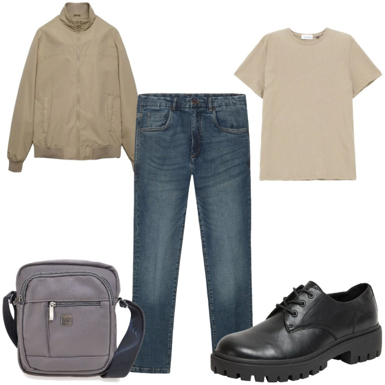Outfit uomo - Total look #2381525. Stile Casual per Tutti i giorni. Abbinamento con scarpe stringate, bomber, t-shirt, borse sportive, jeans.