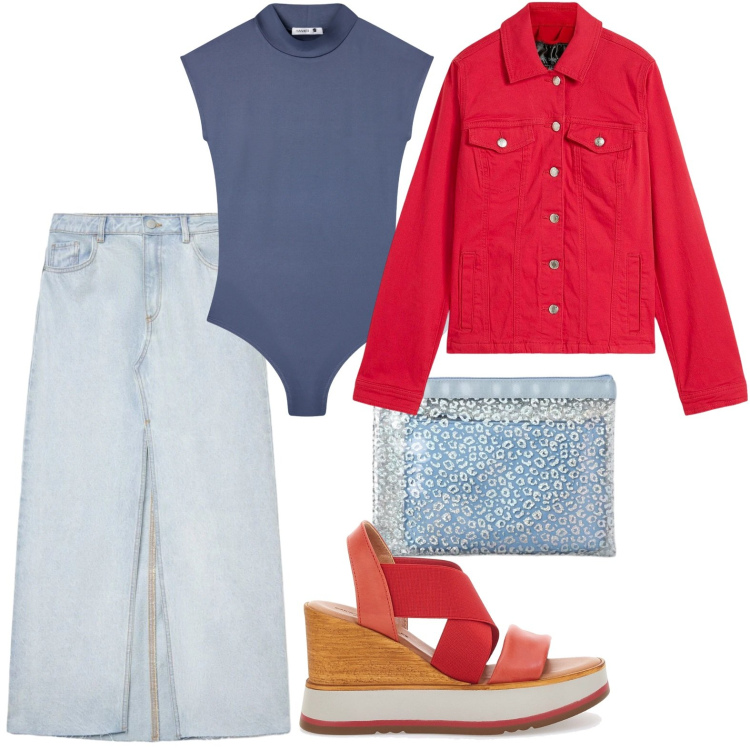 Outfit donna - Denim lungo. Stile Minimal per Tutti i giorni. Abbinamento con blazer, body, pochette, gonne lunghe, sandali col tacco.