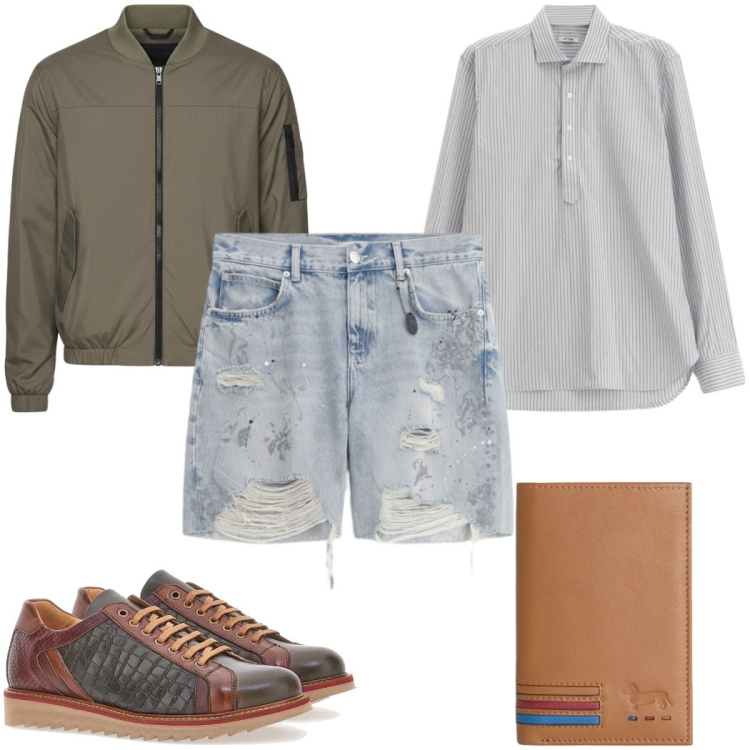 Outfit uomo - Total look #2381528. Stile Casual per Tutti i giorni. Abbinamento con bermuda, camicie, portafogli, bomber, scarpe stringate.
