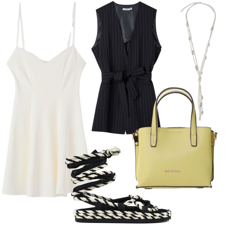 Outfit donna - Corto e sbarazzino. Stile Romantica per Tutti i giorni. Abbinamento con gilet, vestiti corti, borse a tracolla, collane, sandali.