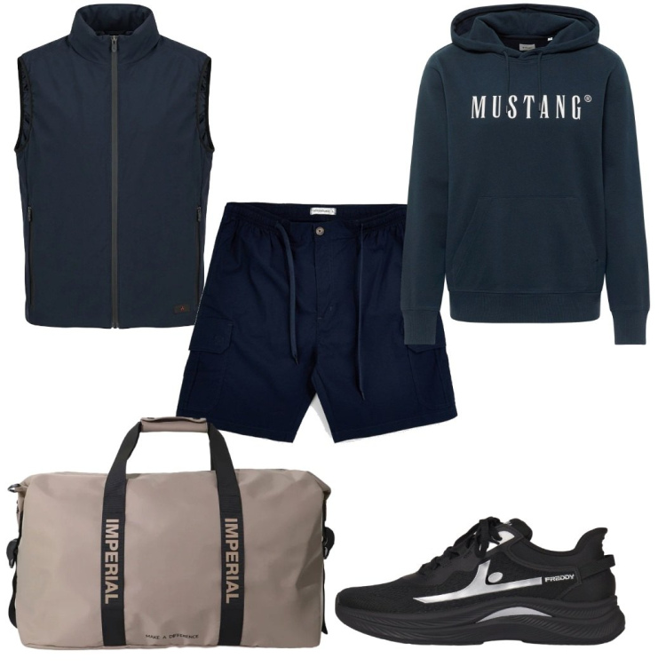 Outfit uomo - Total look #2381531. Stile Trendy per Sport. Abbinamento con felpe con cappuccio, borse sportive, sneakers, piumini, shorts.
