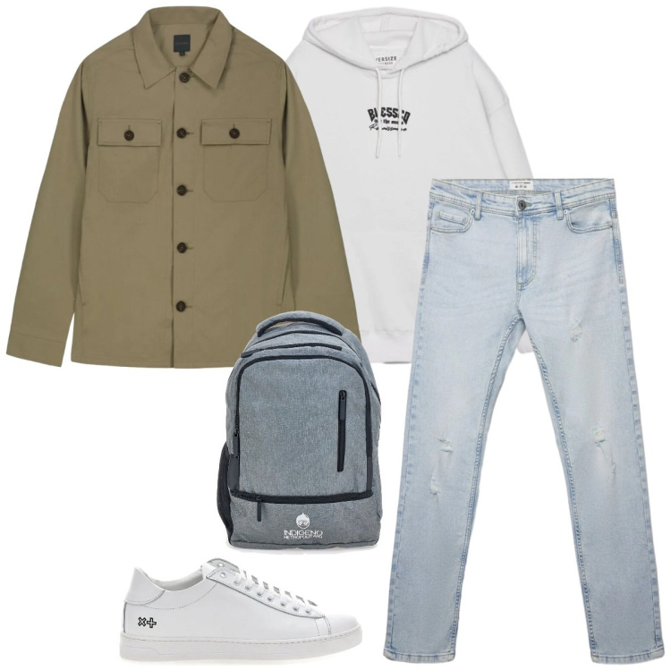 Outfit uomo - Outfit primavera vento, pioggia, sole. Stile Casual per Tutti i giorni. Abbinamento con jeans strappati, felpe con cappuccio, zaini, cappotti, sneakers.