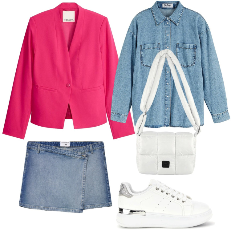 Outfit donna - Mini e sneackers. Stile Glamour per Tutti i giorni. Abbinamento con camicie, blazer, gonne, borse a spalla, sneakers.