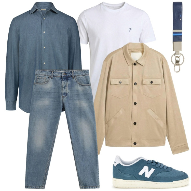 Outfit uomo - Denim come punto di ancoraggio. Stile Casual per Ufficio. Abbinamento con cappotti, jeans, t-shirt, portachiavi, sneakers, camicie.