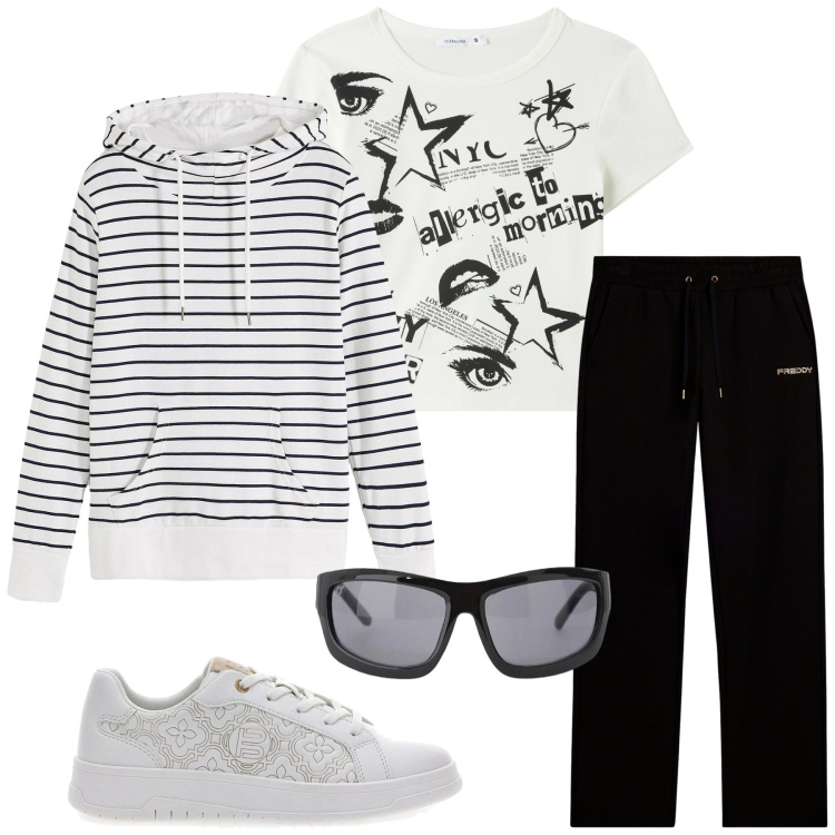 Outfit donna - Total look #2381537. Stile Sporty chic per Tutti i giorni. Abbinamento con felpe con cappuccio, t-shirt, occhiali da sole, pantaloni, sneakers.