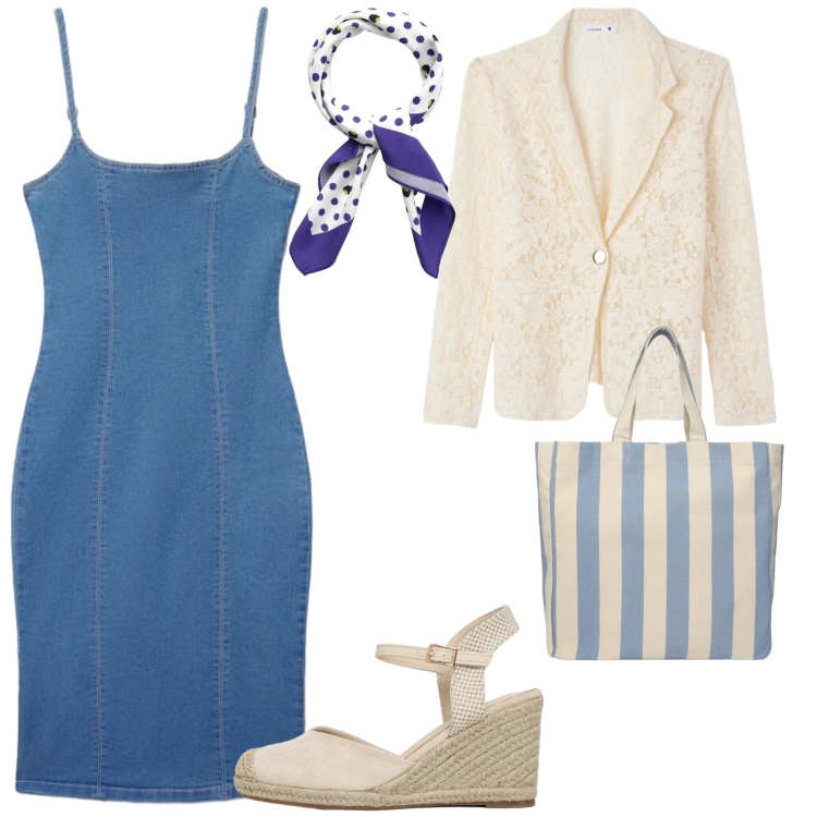 Outfit donna - Un vestito di jeans. Stile Trendy per Tutti i giorni. Abbinamento con foulard, shopping bag, zeppe, vestiti midi/longuette, blazer.