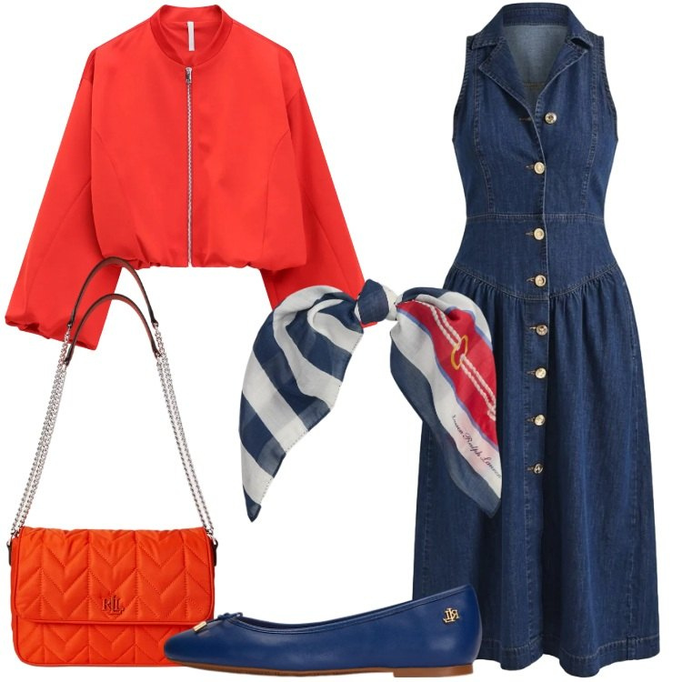 Outfit donna - Il vestito chemisier primaverile. Stile Preppy per Tutti i giorni. Abbinamento con bomber, vestiti chemisier, ballerine, borse a tracolla, foulard.