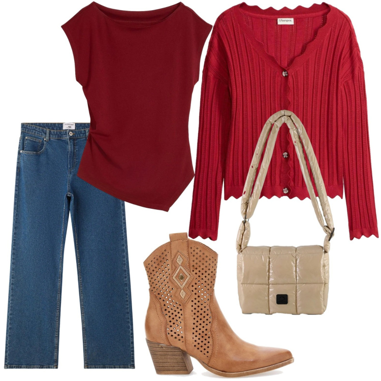 Outfit donna - Denim leggero. Stile Minimal per Tutti i giorni. Abbinamento con cardigans, canottiere, jeans dritti, borse a spalla, stivaletti texani.