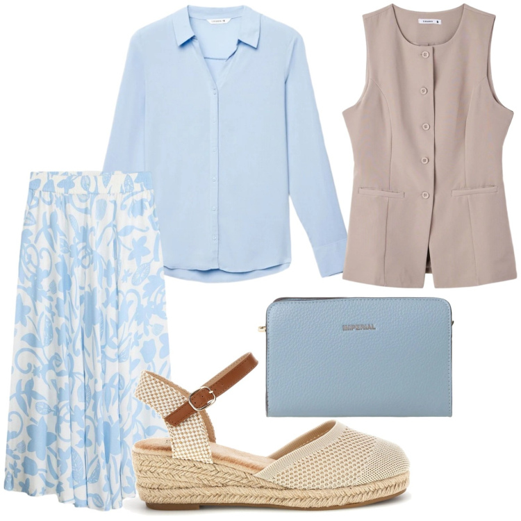 Outfit donna - Naturale luminoso. Stile Trendy per Tutti i giorni. Abbinamento con gonne lunghe, camicie, gilet, borse a tracolla, zeppe.