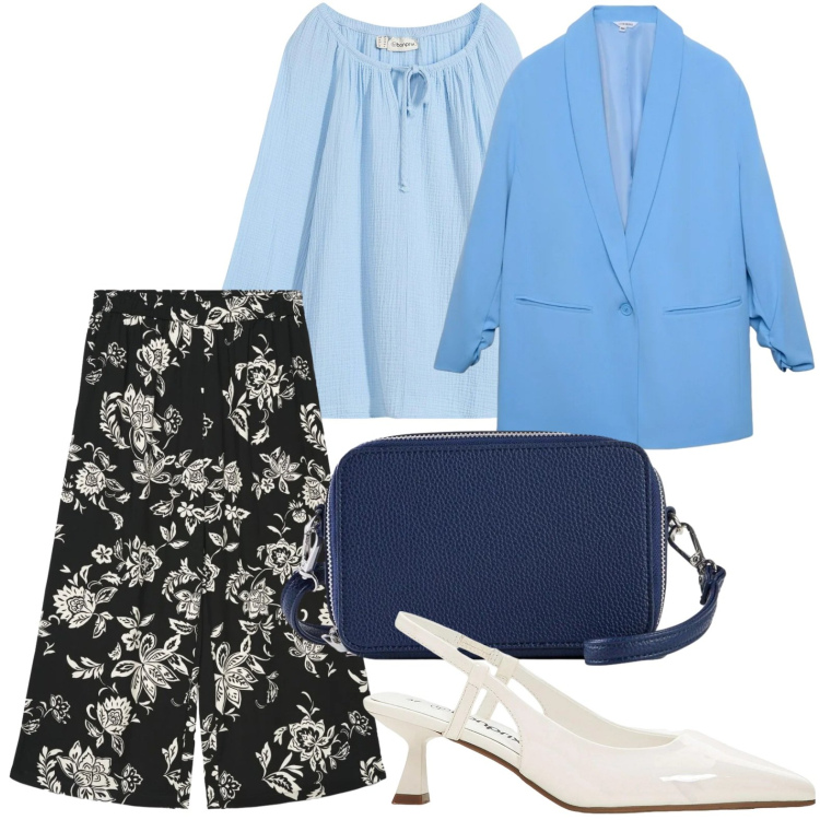 Outfit donna - Effetto floreale. Stile Minimal per Tutti i giorni. Abbinamento con décolleté, borse a tracolla, bluse, pantaloni a palazzo, blazer.