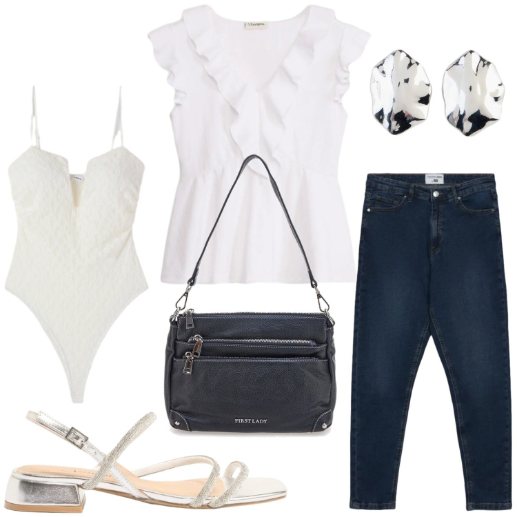 Outfit donna - Rouches e jeans. Stile Minimal per Tutti i giorni. Abbinamento con bluse, sandali, orecchini, jeans skinny, body, borse a spalla.