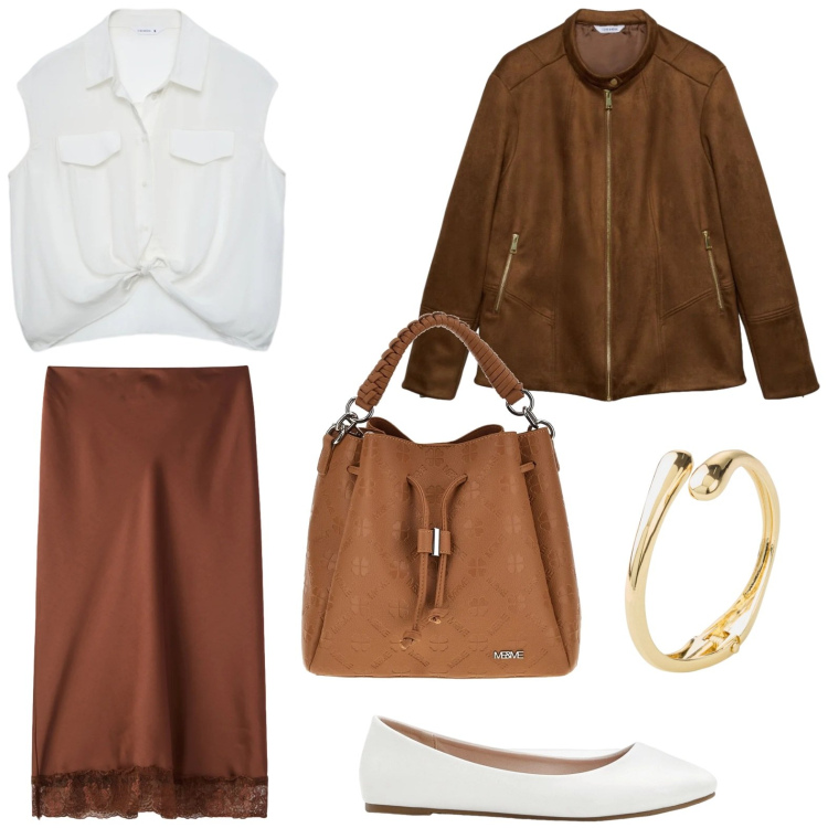 Outfit donna - Camoscio e pizzo. Stile Minimal per Tutti i giorni. Abbinamento con ballerine, braccialetti, gonne longuette, giacche, camicie a manica corta, borse a tracolla.