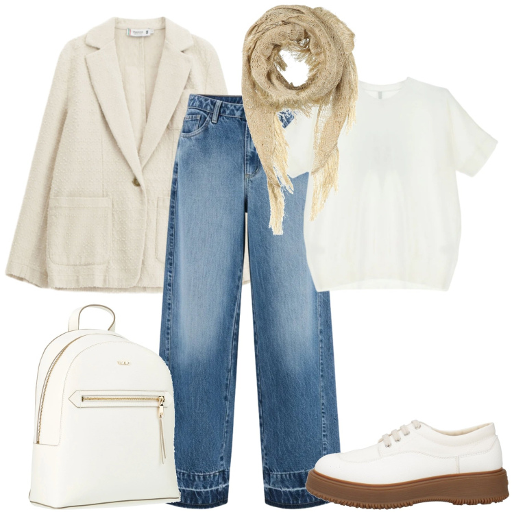 Outfit donna - Blazer di primavera. Stile Sporty chic per Tutti i giorni. Abbinamento con scarpe stringate, zaini, stole, blazer, t-shirt, jeans dritti.