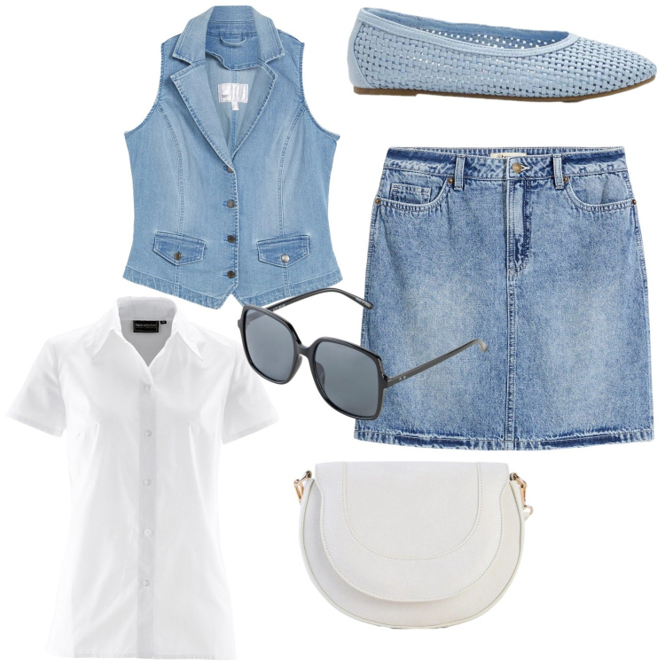 Outfit donna - Passione denim. Stile Preppy per Tutti i giorni. Abbinamento con camicie a manica corta, minigonne, gilet, borse a tracolla, occhiali da sole, ballerine.