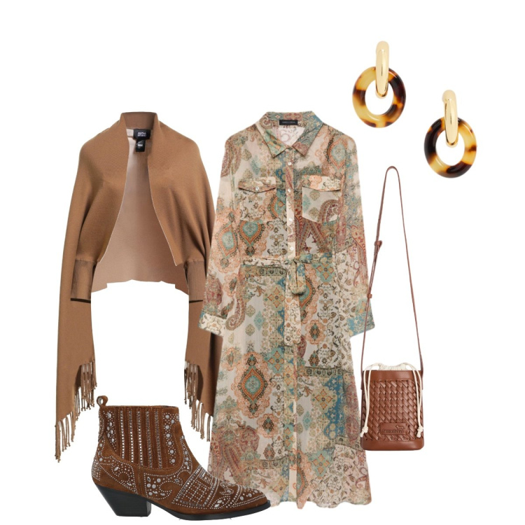 Outfit donna - Etnico per la serata. Stile Etnico per Tutti i giorni. Abbinamento con cappe, stivaletti, vestiti chemisier, borse a secchiello, orecchini.