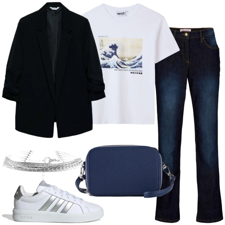 Outfit donna - Total look #2381571. Stile Casual per Tutti i giorni. Abbinamento con jeans dritti, borse a tracolla, blazer, t-shirt, braccialetti, sneakers.