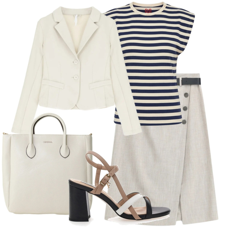 Outfit donna - Gonna con spacco. Stile Casual chic per Ufficio. Abbinamento con borse a tracolla, gonne longuette, blazer, t-shirt, sandali col tacco.