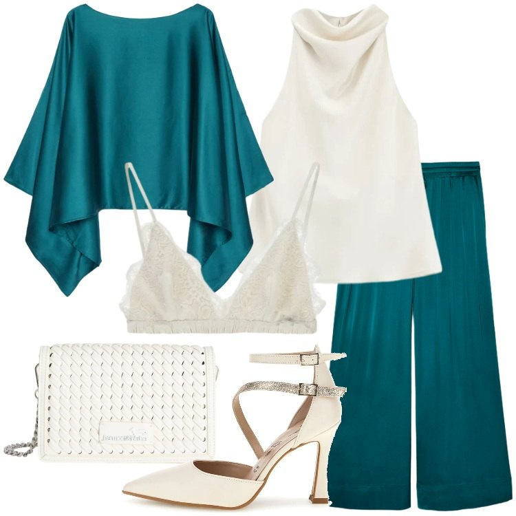 Outfit donna - Occasione: cerimonia. Stile Chic per Cerimonia. Abbinamento con top, reggiseni, cappe, pantaloni, borse a tracolla, décolleté.