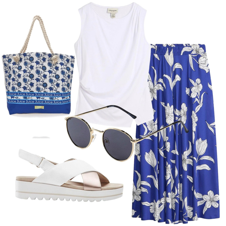 Outfit donna - Total look #2381585. Stile Basic per Ufficio. Abbinamento con top, occhiali da sole, sandali, gonne lunghe, shopping bag.