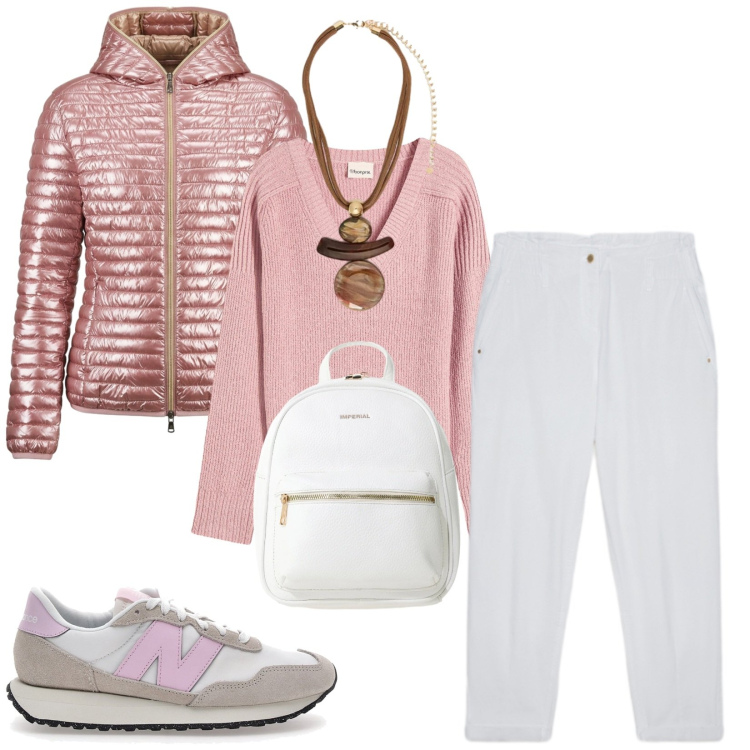 Outfit donna - Total look #2381586. Stile Casual per Tutti i giorni. Abbinamento con maglieria, zaini, pantaloni, ciondoli, piumini, sneakers.