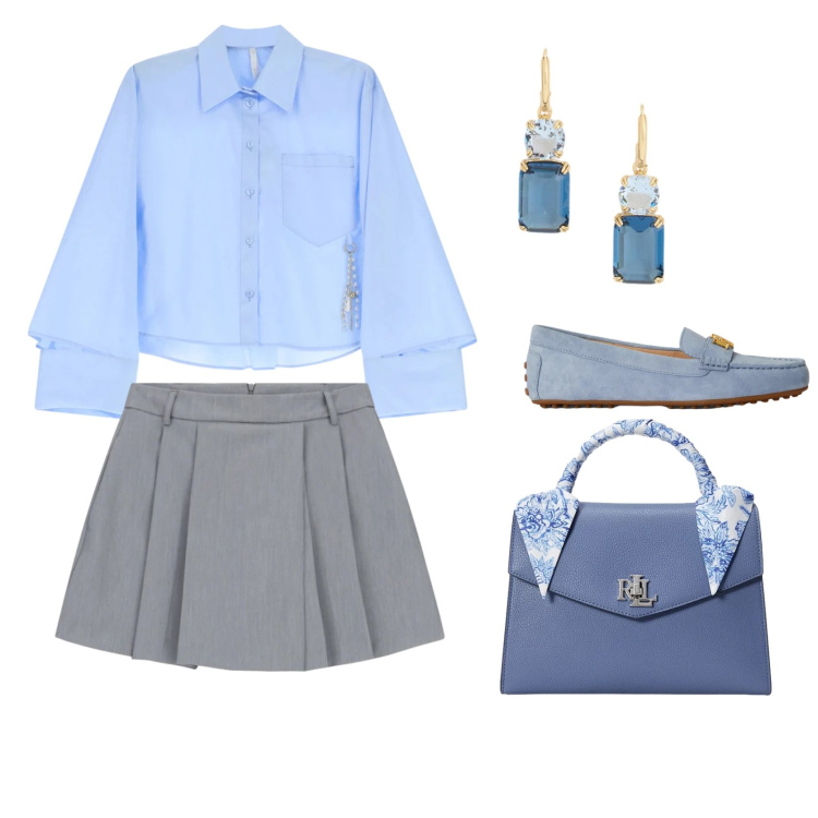 Outfit donna - Il cielo di primavera. Stile Casual chic per Tutti i giorni. Abbinamento con camicie, shorts, mocassini, orecchini, borse a mano.