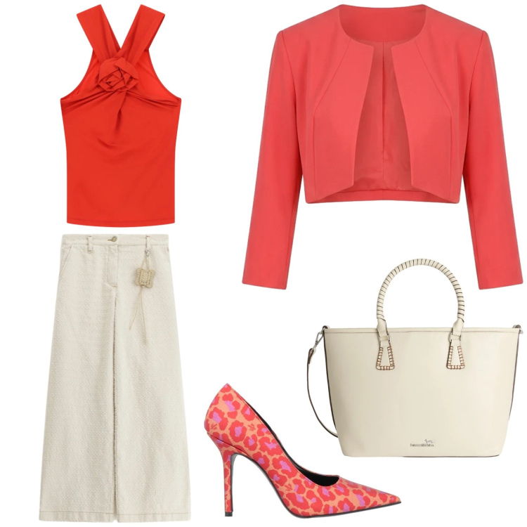 Outfit donna - Look da ufficio per chi ama essere notat. Stile Casual chic per Ufficio. Abbinamento con décolleté, pantaloni a palazzo, shopping bag, canottiere, bolero.
