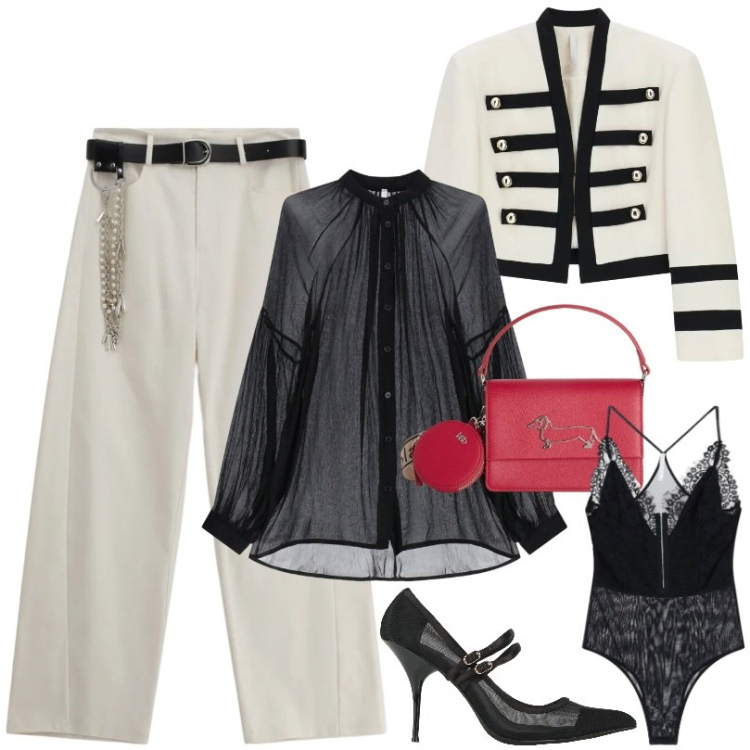 Outfit donna - Total look #2381598. Stile Chic per Serata fuori. Abbinamento con décolleté, camicie, pantaloni a palazzo, blazer, body, borse a tracolla.