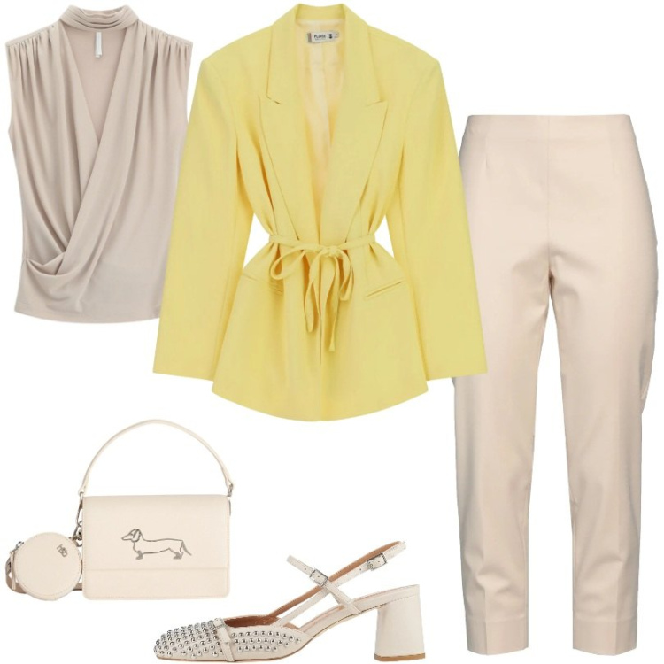 Outfit donna - Pantaloni Cropped beige. Stile Casual chic per Tutti i giorni. Abbinamento con pantaloni, décolleté, top, blazer, borse a tracolla.