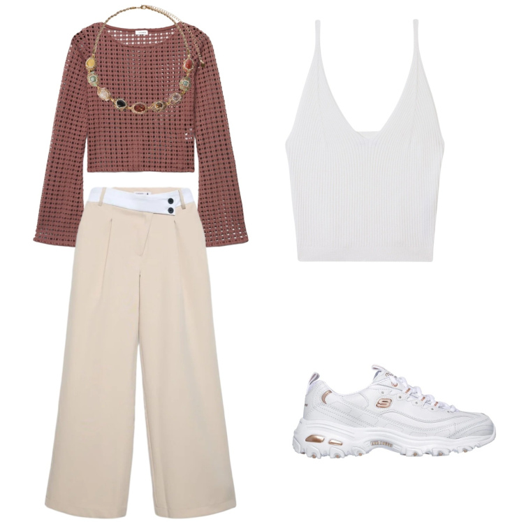 Outfit donna - Relax. Stile Casual per Tutti i giorni. Abbinamento con maglieria, top, pantaloni, collane, sneakers.