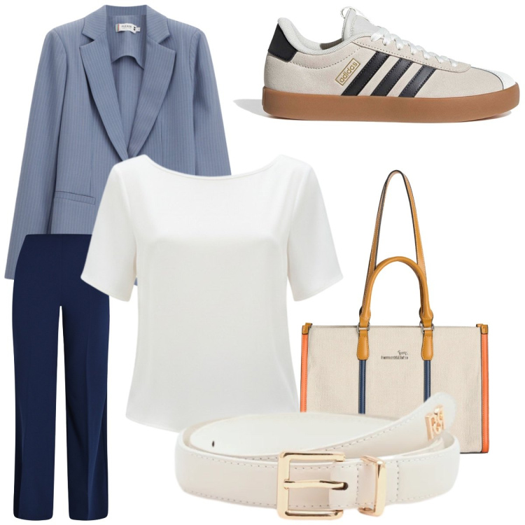 Outfit donna - Total look #2381607. Stile Casual per Tutti i giorni. Abbinamento con blazer, borse tote, pantaloni a palazzo, cinture, bluse, sneakers.