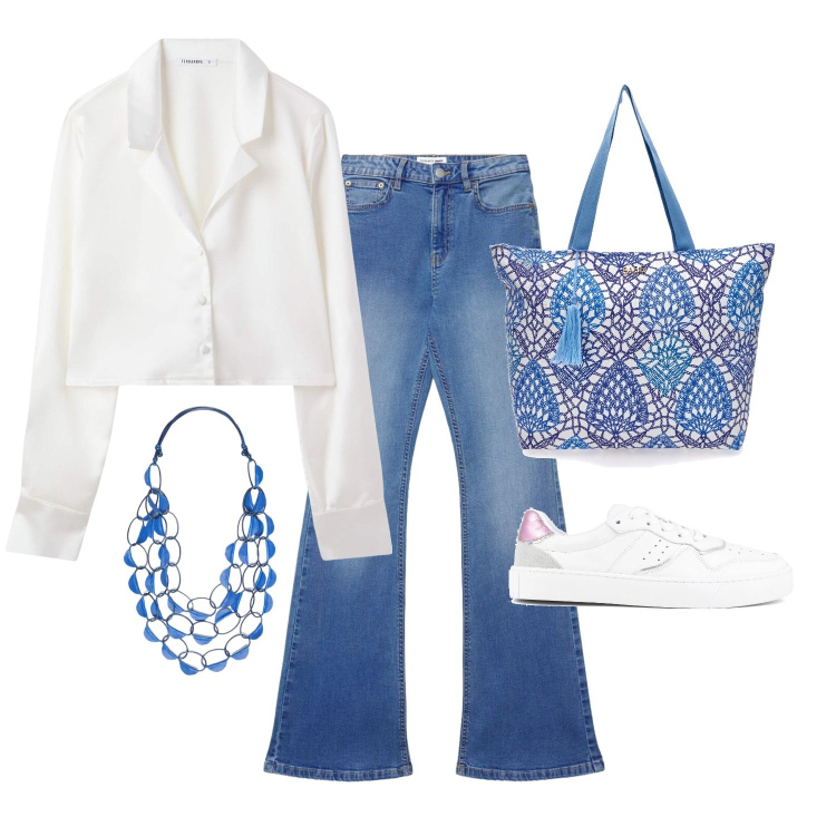 Outfit donna - Primavera. Stile Casual chic per Tutti i giorni. Abbinamento con jeans a zampa, camicie, collane, shopping bag, sneakers.
