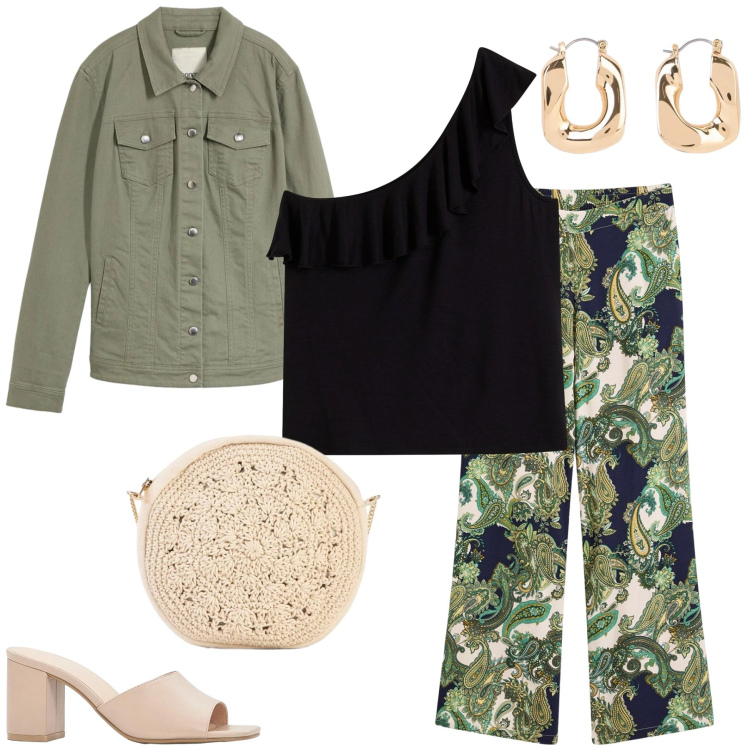 Outfit donna - Urban Safari. Stile Boho per Tutti i giorni. Abbinamento con pantaloni, sandali col tacco, top, borse a tracolla, blazer, orecchini.