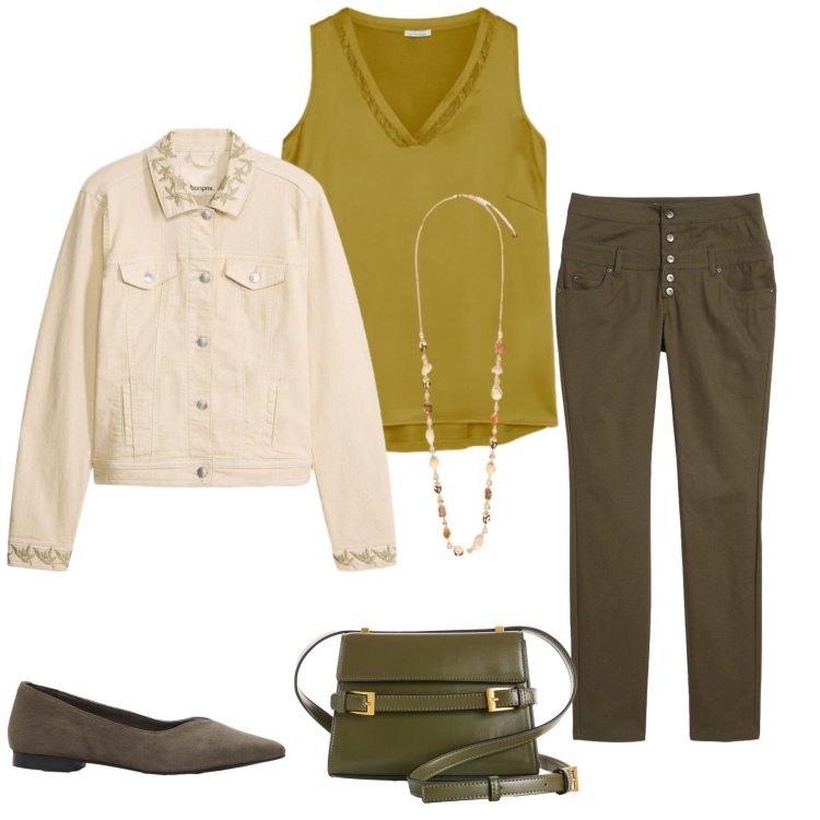 Outfit donna - Earthy Elegance. Stile Casual chic per Tutti i giorni. Abbinamento con pantaloni skinny, borse a tracolla, cappotti, ballerine, collane, top.