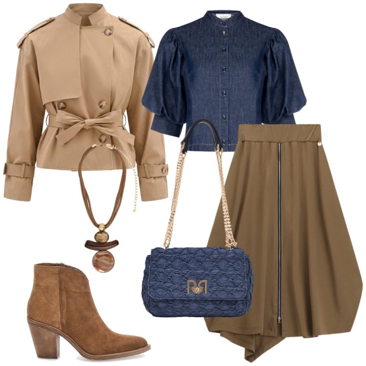 Outfit donna - Asimmetrie. Stile Casual chic per Tutti i giorni. Abbinamento con ciondoli, gonne longuette, camicie a manica corta, caban, borse a spalla, stivaletti.