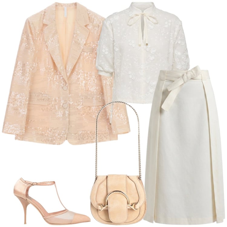 Outfit donna - Cerimonia. Stile Chic per Cerimonia. Abbinamento con marsupi, décolleté, blazer, gonne longuette, bluse.