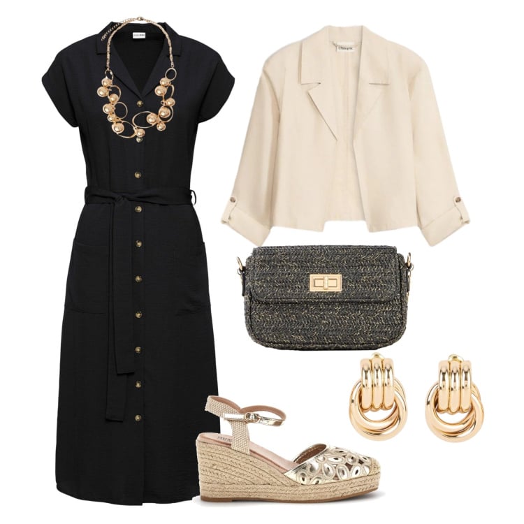 Outfit donna - Glam in chemisier. Stile Casual chic per Tutti i giorni. Abbinamento con vestiti, blazer, orecchini, borse a tracolla, collane, zeppe.