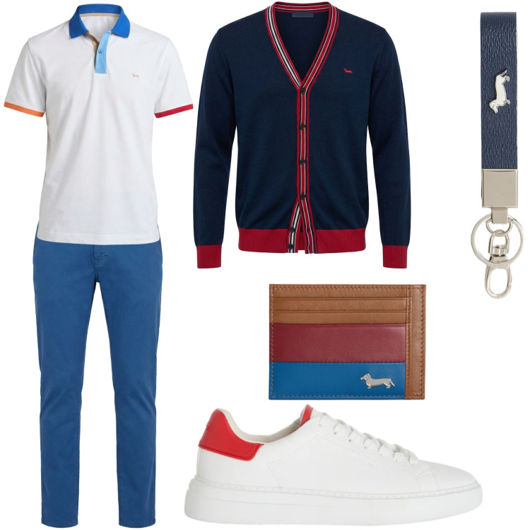 Outfit uomo - Stile dinamico e sportivo. Stile Casual per Tutti i giorni. Abbinamento con pantaloni, cardigans, portachiavi, sneakers, polo, portafogli.
